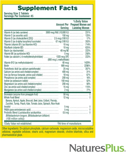 Miniatura 5 de NaturesPlus Source of Life Prenatal - 90 tabletas - Suplemento multivitamínico y mineral con hierro - Apoyo nutricional para el embarazo - Sin