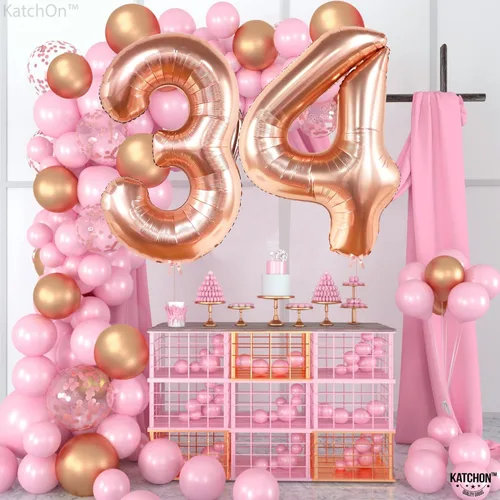 Miniatura 6 de Katchon, Globos gigantes de oro rosa con el número 34, 40 pulgadas, decoraciones de cumpleaños número 34 para mujer, globos de oro rosa del número