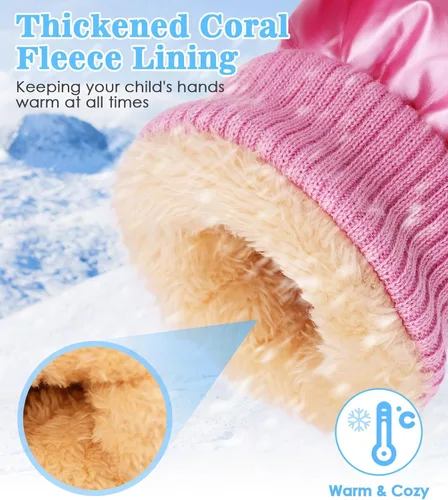 Miniatura 2 de MoKo Guantes de nieve para niños pequeños, guantes cálidos de forro polar coral para niños con hebillas de unión, guantes de esquí impermeables