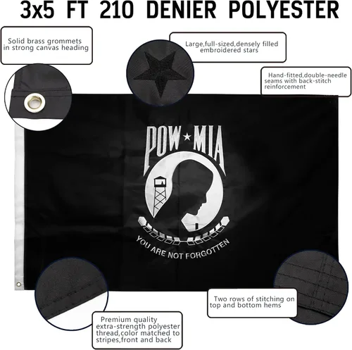 Miniatura 2 de Anley EverStrong Series - Bandera bordada Pow Mia de 3 x 5 pies, cabecera de lona bordada y resistente, 4 filas de costuras de cerradura, bandera