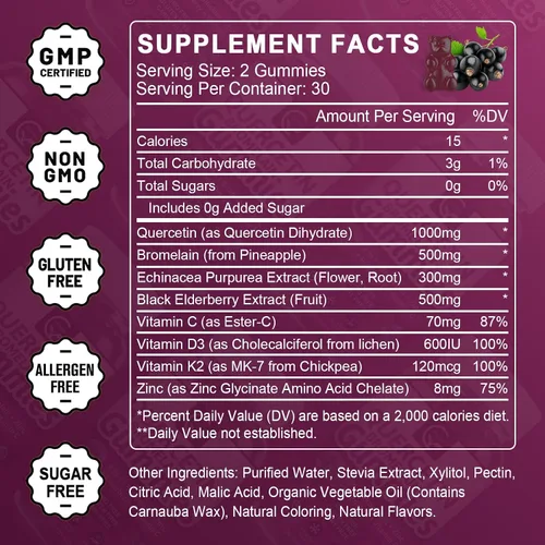 Miniatura 2 de Gomitas de quercetina con bromelina de 2378 mg, mezcla con extracto de saúco, equinácea purpura, zinc, vitamina C, D3, K2, complejo apoya el sistema