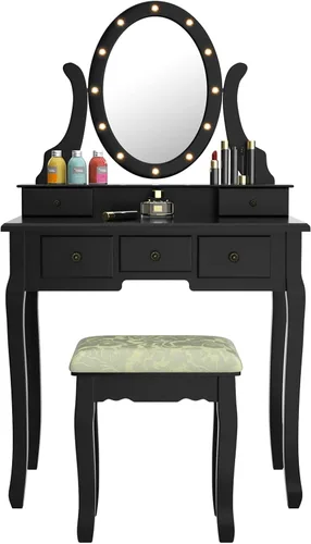 Miniatura 9 de AUGESTER - Juego de tocador de maquillaje iluminado, juego de tocador con 12 luces, espejo ovalado giratorio de 360°, 5 cajones deslizantes