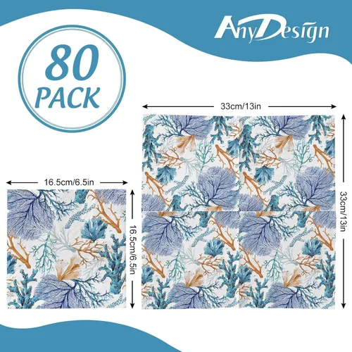 Miniatura 2 de AnyDesign Paquete de 80 servilletas de almuerzo de verano, estampado de coral océano, servilletas de papel desechables, servilletas de papel