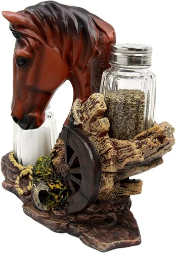 Miniatura 5 de Ebros Country - Juego de figuras de caballo de semental marrón castaño occidental por Farm Wagon Wheel Lasso Herraduras Salero y Pimentero Estatua
