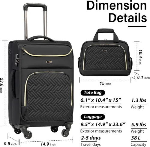 Miniatura 7 de Coolife Maleta de equipaje de mano con ruedas Softside Bolsa de viaje ligera con ruedas, Negro