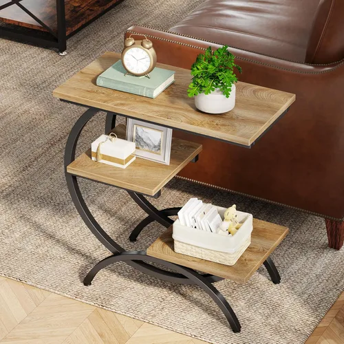 Tribesigns Mesa Auxiliar en Forma de C, Mesa Auxiliar Industrial Pequeña de 3 Niveles para Sofá, Mesa de Noche de Madera Mesa Auxiliar de Aperitivos