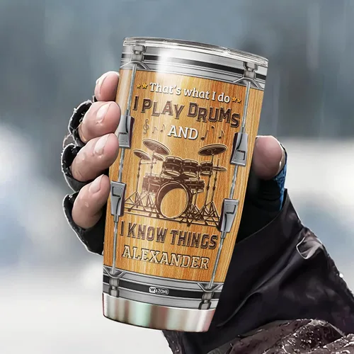 Miniatura 3 de WAZONE Vaso de acero inoxidable personalizado con datos nutricionales de baterista, 20 onzas, 30 onzas, nombre personalizado, con texto "I Play