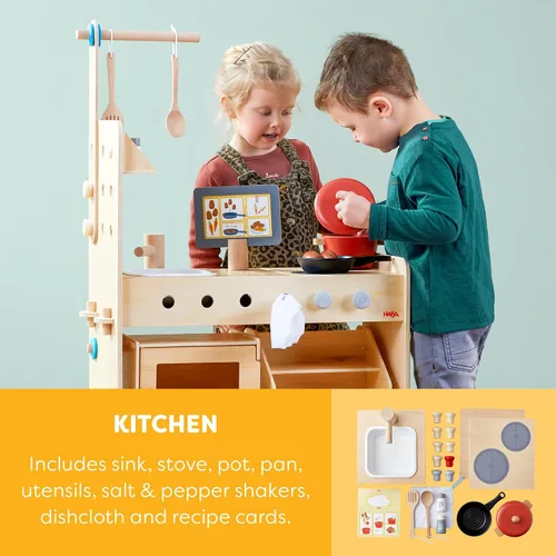 Miniatura 3 de HABA Cocina de madera 3 en 1 para niños, juego de tienda de comestibles para niños y banco de herramientas para niños, juguetes de madera