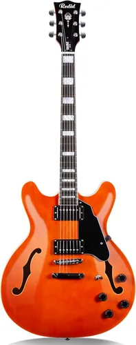 Miniatura 10 de Redid Guitarra eléctrica de cuerpo semihueco RD-100 Guitarra de jazz con agujero F, cuello de arce, pastillas humbucker (negro)
