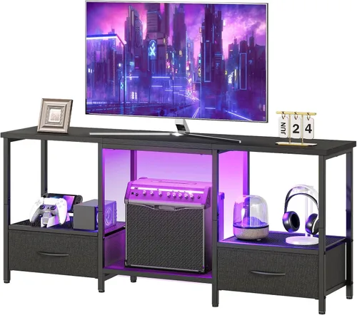 HOOBRO Soporte de TV LED con almacenamiento, centro de entretenimiento LED con estantes abiertos y cajón, se adapta a televisores de hasta 55 Negro