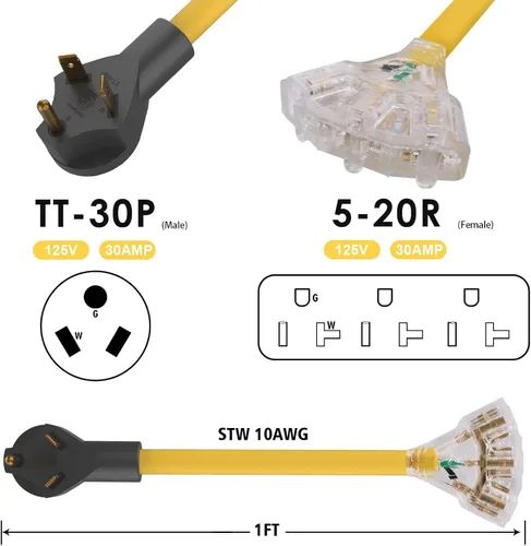 Miniatura 3 de Adaptador de 30 amperios a 20 amperios 110 Distribución RV NEMA TT-30P macho a 3X 5-20R enchufe hembra 30amp divisor de enchufe a 15Amp 5-15/5-20