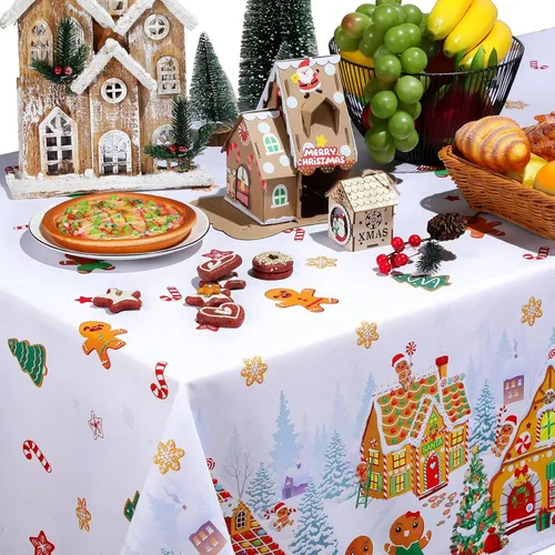Miniatura 4 de Tiamon Mantel de Navidad de Jengibre de 60 x 104 Pulgadas, Mantel Rectángulo Reutilizable de Hombre de Jengibre, Cubierta de Mesa de Árbol