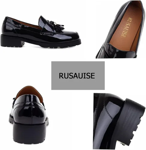 Miniatura 2 de RUSAUISE Mocasines gruesos de piel de charol para mujer, mocasines casuales con plataforma