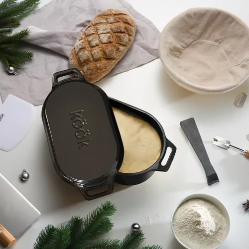 Miniatura 6 de KooK Horno holandés, para hornear pan, molde para pan de masa madre, con tapa, asas dobles, hierro fundido esmaltado, incluye palanca de tapa, apto