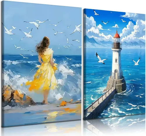 Miniatura 8 de 2 lienzos enmarcados para pared, impresiones artísticas de gaviotas volando sobre olas del océano, póster de pintura náutica costera, galería