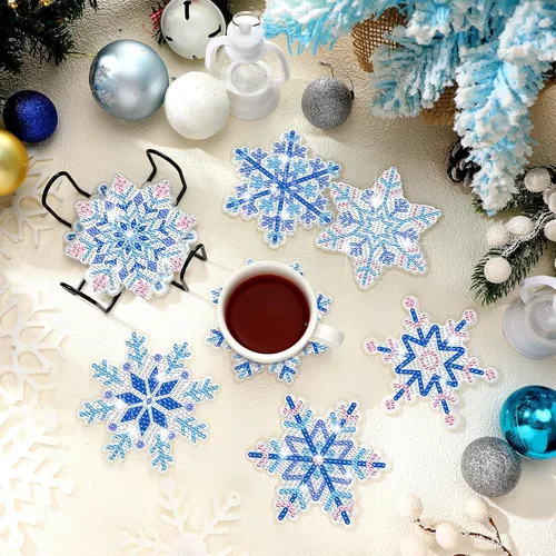 Miniatura 2 de FairySandy 10 Piezas Copos de Nieve Kits de Posavasos de Pintura de Diamante 5D de Invierno Posavasos de Arte de Diamante de Copo de Nieve Acrílico