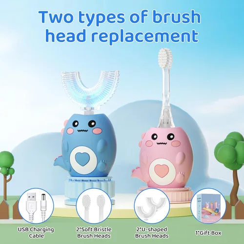 Miniatura 4 de Cepillo de dientes eléctrico en forma de U para niños, con 3 modos de limpieza, con 4 cabezales de cepillo, cepillo de dientes automático sónico