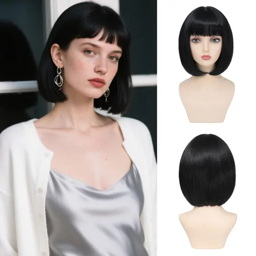 Miniatura 15 de Peluca Bob Marrón Ceniza con Flequillo, Peluca Corta y Lisa para Mujeres y Niñas, 12 Pulgadas, Resistente al Calor, Peluca de Cabello Bob Sintético