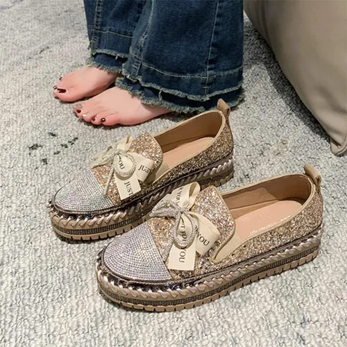 Miniatura 6 de Zapatos deportivos de moda con purpurina para mujer, zapatos para caminar con plataforma con diamantes de imitación, lindos mocasines brillantes
