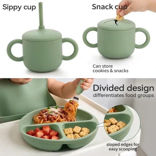 Miniatura 5 de Bufims Juego de alimentación de silicona para bebés, suministros de destete para bebés, utensilios esenciales para comer con placa de succión