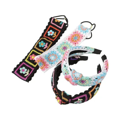 Miniatura 6 de LIANXUE Diadema de punto floral para mujer, turbante elástico, floral, ganchillo, cuadrado, estilo étnico, diadema envolvente para la cabeza