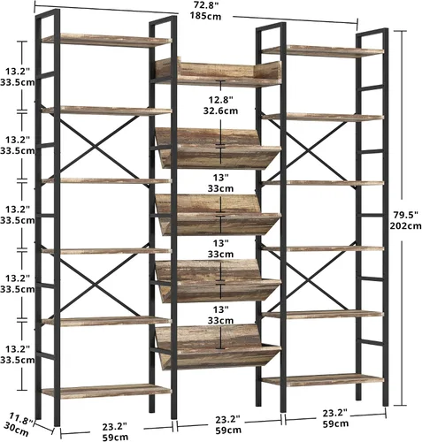 Miniatura 3 de IRONCK Estantería Industrial de 6 Niveles, Estantería Triple Ancha, Estantería Grande de Estilo Etagere, Estantería Abierta para Tocadiscos
