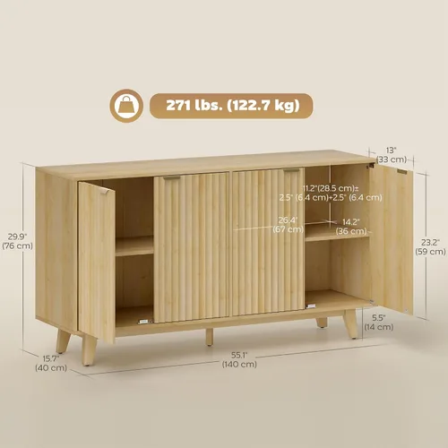 Miniatura 3 de HOMCOM Armario de buffet con aparador estriado, gabinete moderno de consola de 55 pulgadas con 4 puertas, 2 estantes ajustables y 5 patas de madera