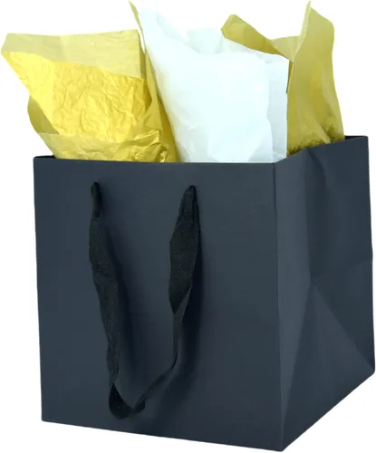 JUNESHE Bolsas de regalo cuadradas pequeñas con papel de seda, color negro, paquete de 2, 5.9 pulgadas | Bolsas de papel con asas para cumpleaños,