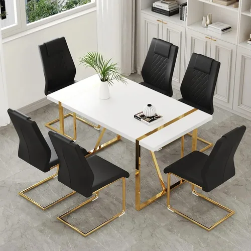 Miniatura 13 de Moderno juego de mesa de comedor para 4, juego de mesa de comedor dorado de 55 pulgadas con 4 sillas de piel sintética negra, mesa de madera negra