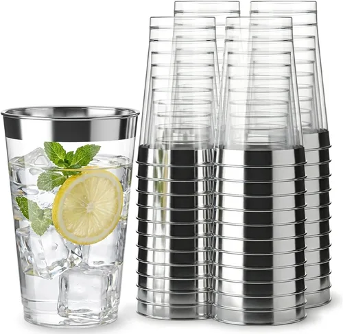 Miniatura 9 de Byvivace Vasos de plástico transparente de 12 onzas con borde dorado, resistentes y aptos para alimentos, desechables, copas de vino, copas de boda