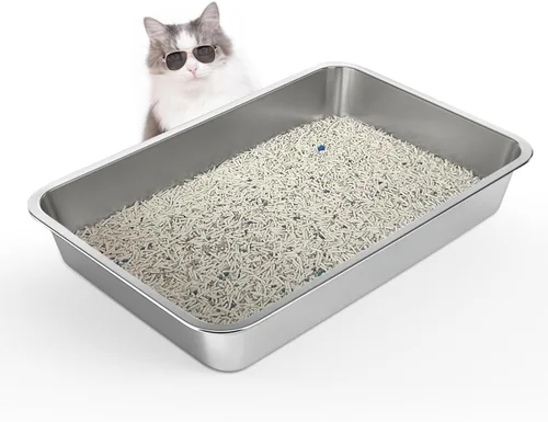 Miniatura 9 de WENBOKMIN Caja de arena para gatos de acero inoxidable, caja de arena poco profunda de 4 pulgadas para gatos y gatitos mayores, bandeja de arena