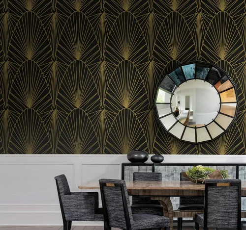 Miniatura 3 de Yasinet Papel tapiz geométrico para despegar y pegar, papel de pared negro y dorado para dormitorio, baño, papel de contacto geométrico Art Deco