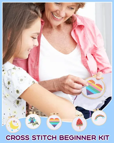 Miniatura 6 de Pllieay Kit de punto de cruz para principiantes para niños de 7 a 13 años, incluye 6 patrones de punto de cruz y 2 aros, 12 madejas, kit de inicio