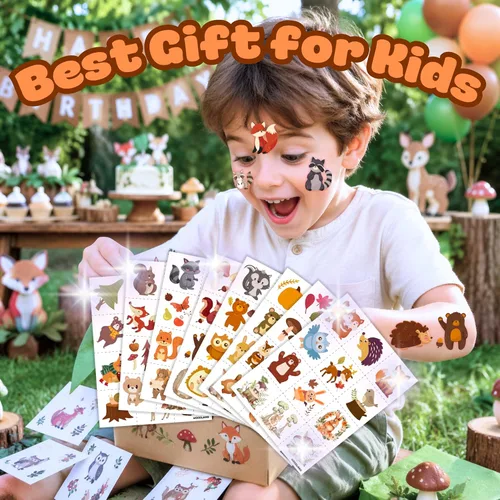 Miniatura 3 de 96 tatuajes temporales precortados de animales del bosque para niños, bonitos recuerdos de fiesta con temática forestal, perfectos para fiestas