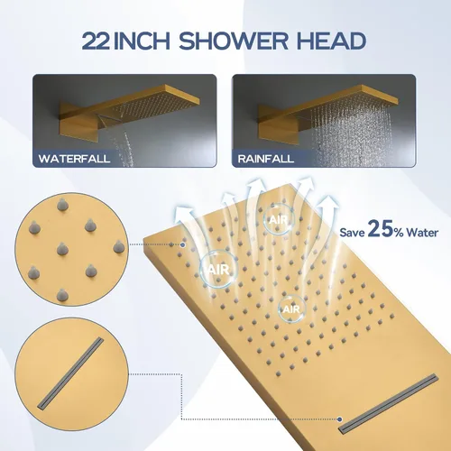 Miniatura 3 de CASAINC Cabezal de ducha de lujo en cascada y lluvia con rociador de mano de 22 pulgadas, juego de ducha cuadrado grande, kit de válvula de ducha