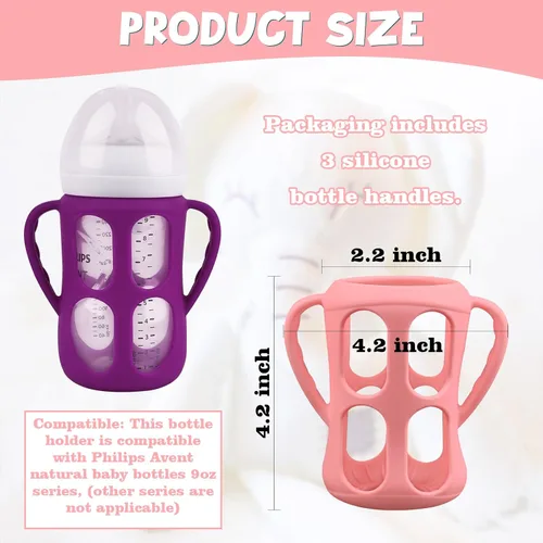Miniatura 4 de Paquete de 3 asas de biberones para biberones Philips Avent naturales, soporte para biberones con asas de fácil agarre (rosa, morado y blanco)