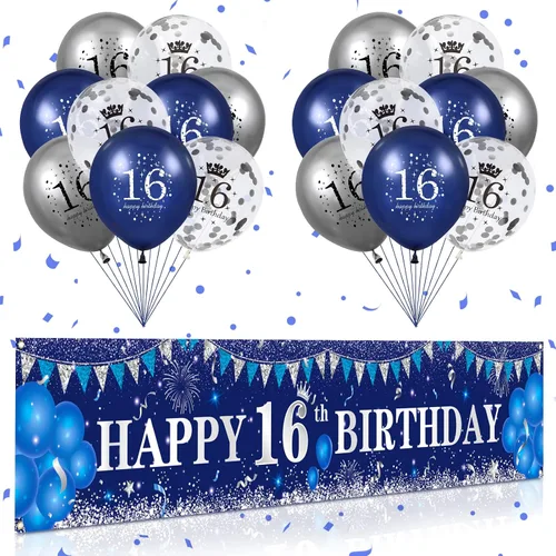Decoraciones azules de cumpleaños número 16 para niños y niñas - Pancarta feliz azul marino plateado y globos para suministros de fiesta de