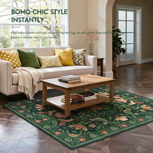 Miniatura 4 de Moynesa Alfombra para sala de estar, de 5 x 7 pies, lavable, moderna, color verde cabaña, para dormitorio, comedor, alfombra estética de granja