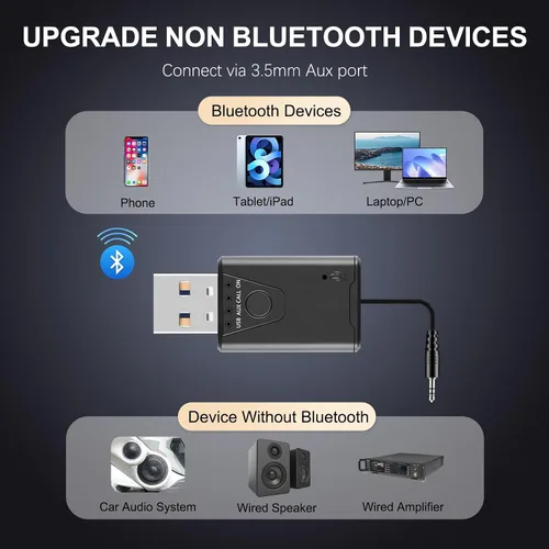 Miniatura 2 de Adaptador USB Bluetooth 5.4 para automóvil, receptor de música Bluetooth Plug & Play, kit de conector auxiliar de 0.138 in para automóvil, micrófono