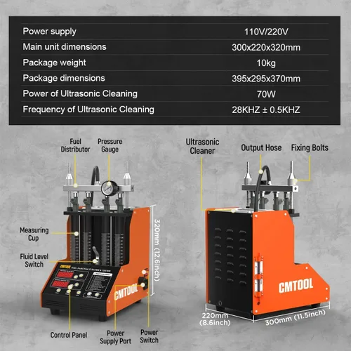 Miniatura 8 de CMTOOL Máquina limpiadora de inyector de combustible, kit de limpieza ultrasónica, 9 modos de prueba, limpiador y probador de inyector