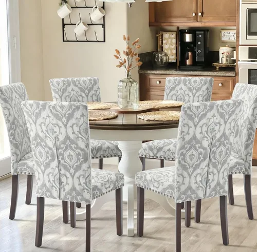 Miniatura 11 de Juego de 2 sillas tapizadas color beige para comedor – Sillas de cocina estilo granja con respaldo alto, patas de caucho sólido, asiento de espuma