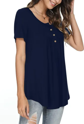 Miniatura 2 de Aodemo Blusa de verano Henley con cuello en V y botones para mujer, ajuste holgado, manga cortasin mangas