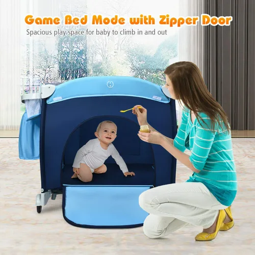 Miniatura 4 de HONEY JOY Empaca y juega con moisés, 4 en 1 portátil para bebé con cambiador, red y juguetes lindos, bolsa de almacenamiento de pañales, caja de Azul