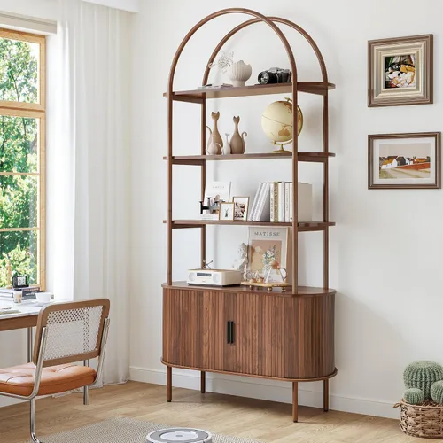 Miniatura 10 de Estantería arqueada acanalada de 71 pulgadas de alto con puertas correderas de tambor, mueble estantería curvo de metal moderno de mediados de siglo