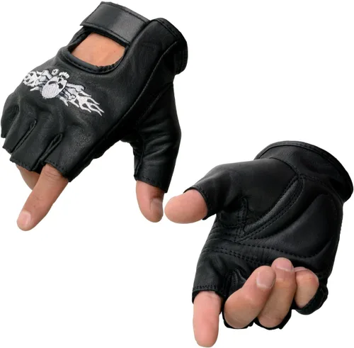 Milwaukee Leather SH353 - Guantes de mano para motocicleta sin dedos acolchados de gel de cuero negro con calavera y huesos bordados