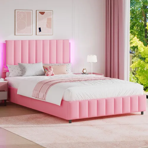 Miniatura 8 de REVOMINCA Base de cama tapizada individual con luces LED, plataforma de piel sintética con cabecera y soporte de listones de madera, no necesita