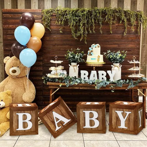 Miniatura 3 de Cajas de exhibición para baby shower con impresión de veta de madera para decoraciones de fiesta, telón de fondo neutro para fiesta de revelación