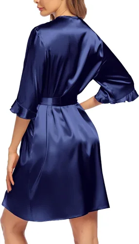 Miniatura 3 de Ekouaer Bata de satén para mujer, lencería de San Valentín para mujer, kimono, bata corta con volantes, cinturón, ropa de dormir para damas de honor