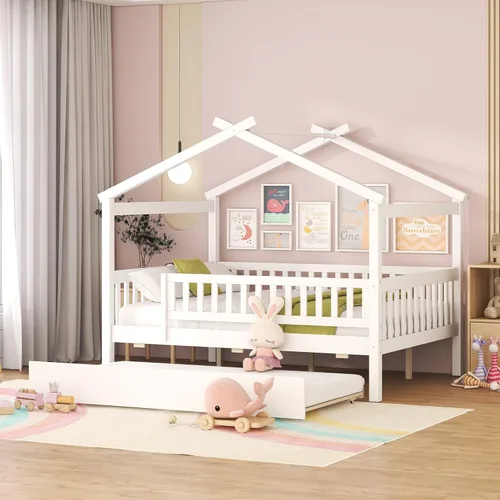 Cama de casa con nido y valla, camas de tamaño matrimonial estilo Montessori con barandillas, marco de cama de madera para niños, niñas, niños,