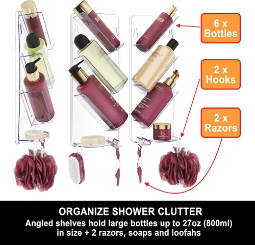 ShowerGem Organizador de ducha fácil de limpiar, paquete de 2 organizadores de baño duraderos a prueba de óxido, sin ventosas, sin tornillos,